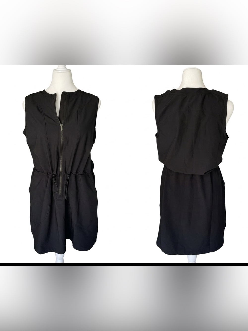 Zella Black Zip-Front Sleeveless Mini Dress with Adjustable Drawstring